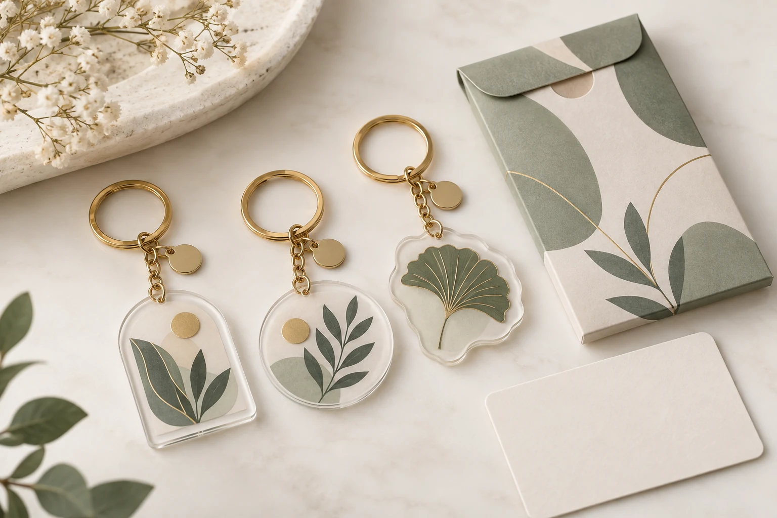 Three botanical acrylic keychains arranged with a minimal online-brand paper sleeve