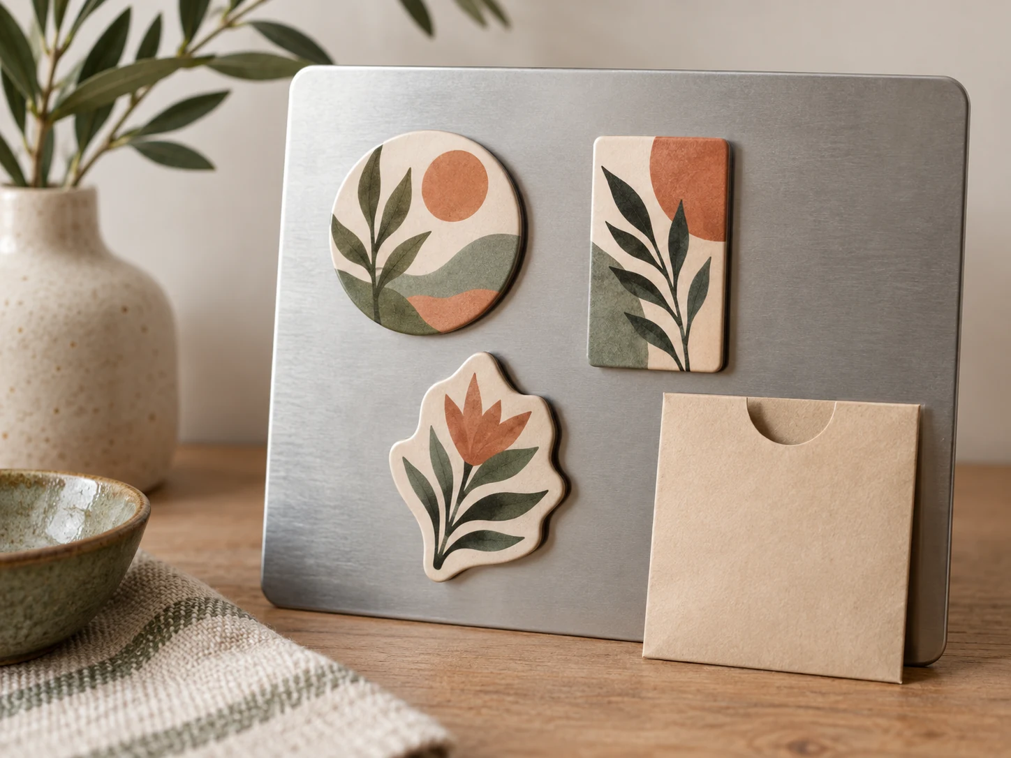 Three distinct abstract botanical magnets displayed on a clean metal sheet