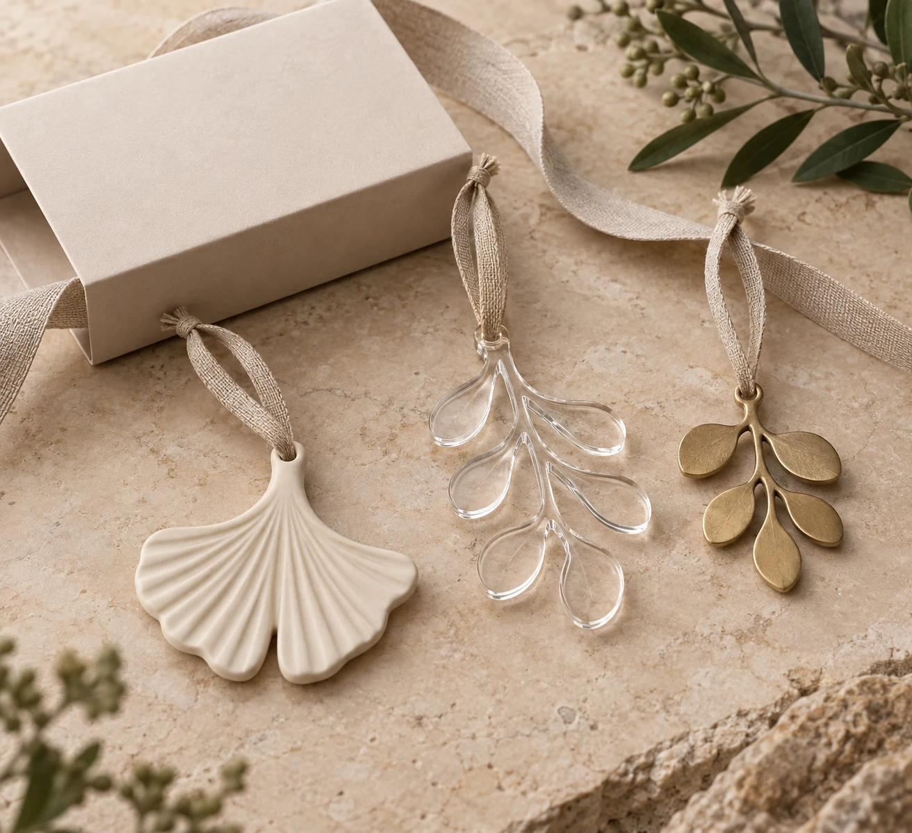 Three distinct decorative ornaments with neutral gift-ready sleeves