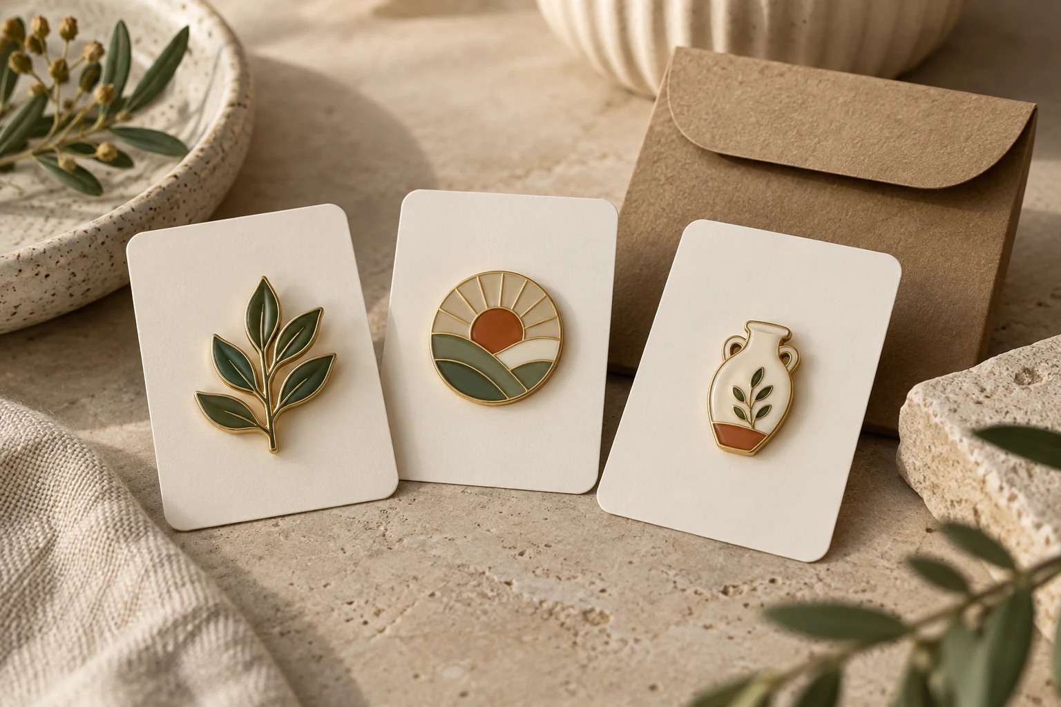 Three coordinated enamel pins presented on blank backing cards for an online brand