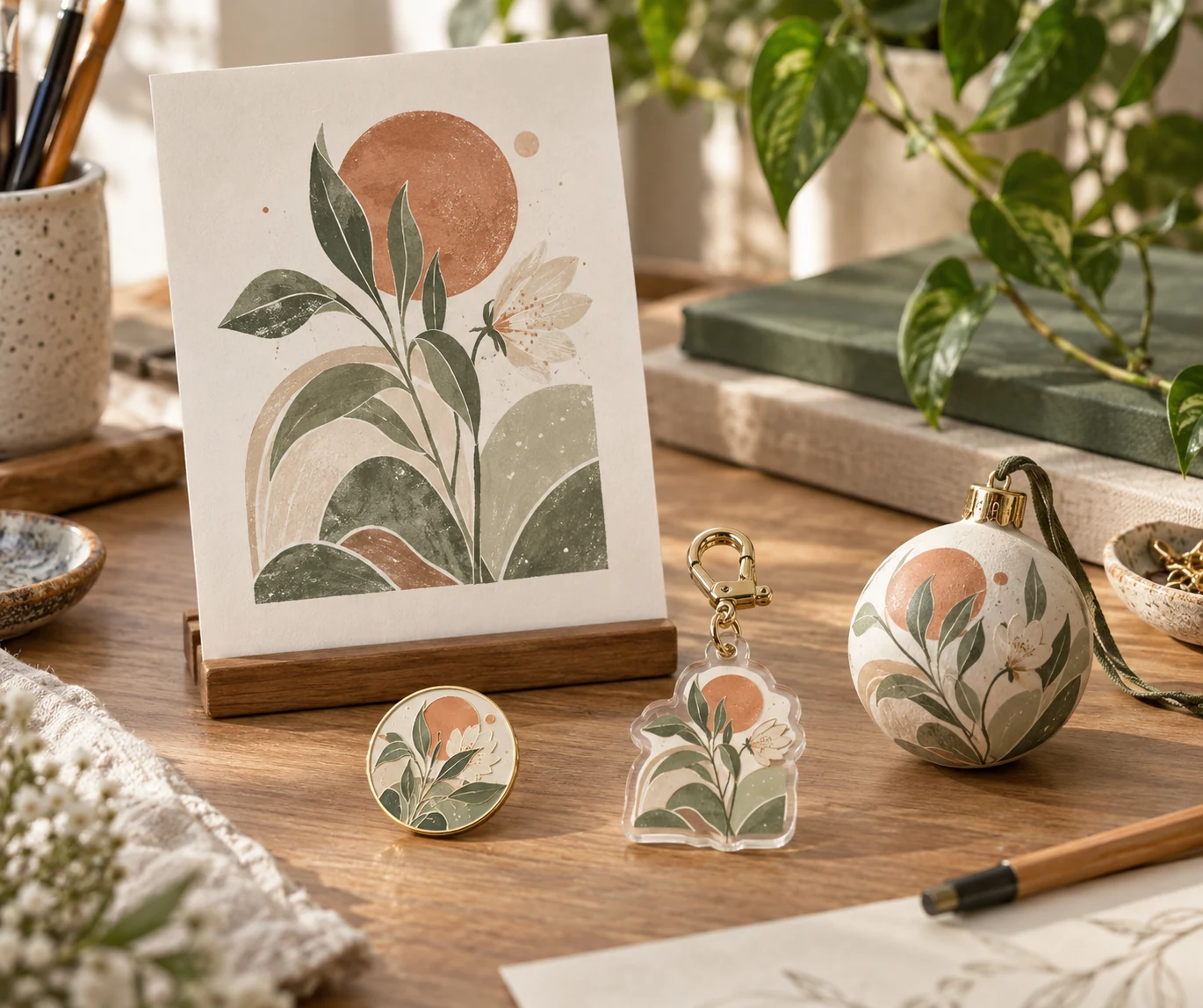 An online brand design translated into a pin, acrylic charm and ornament