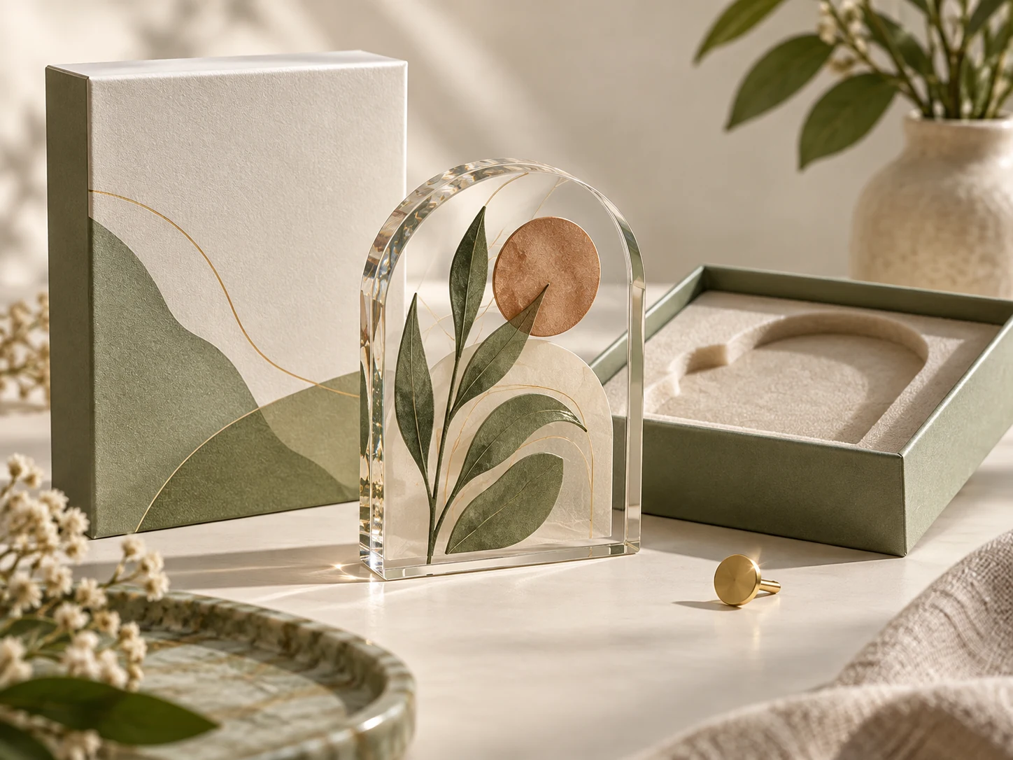 A botanical acrylic keepsake and matching pin prepared as a first product for an independent online brand