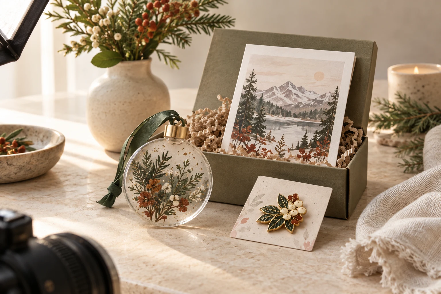 Seasonal limited-drop ornament, pin and presentation card arranged for an online product launch