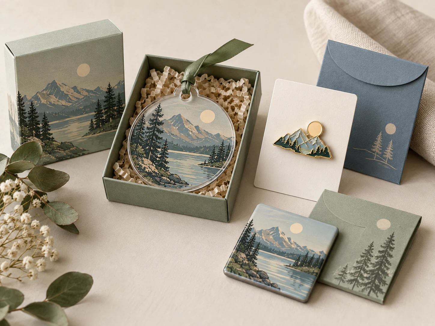 A coordinated small online collection of landscape-inspired gifts and packaging
