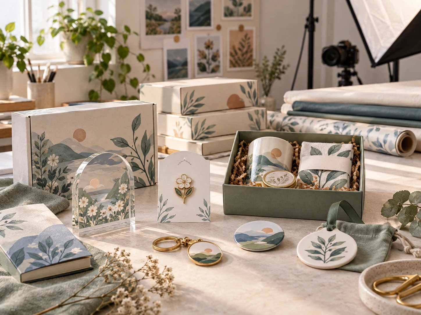 A small online brand's product samples, coordinated packaging and photography workspace prepared for launch