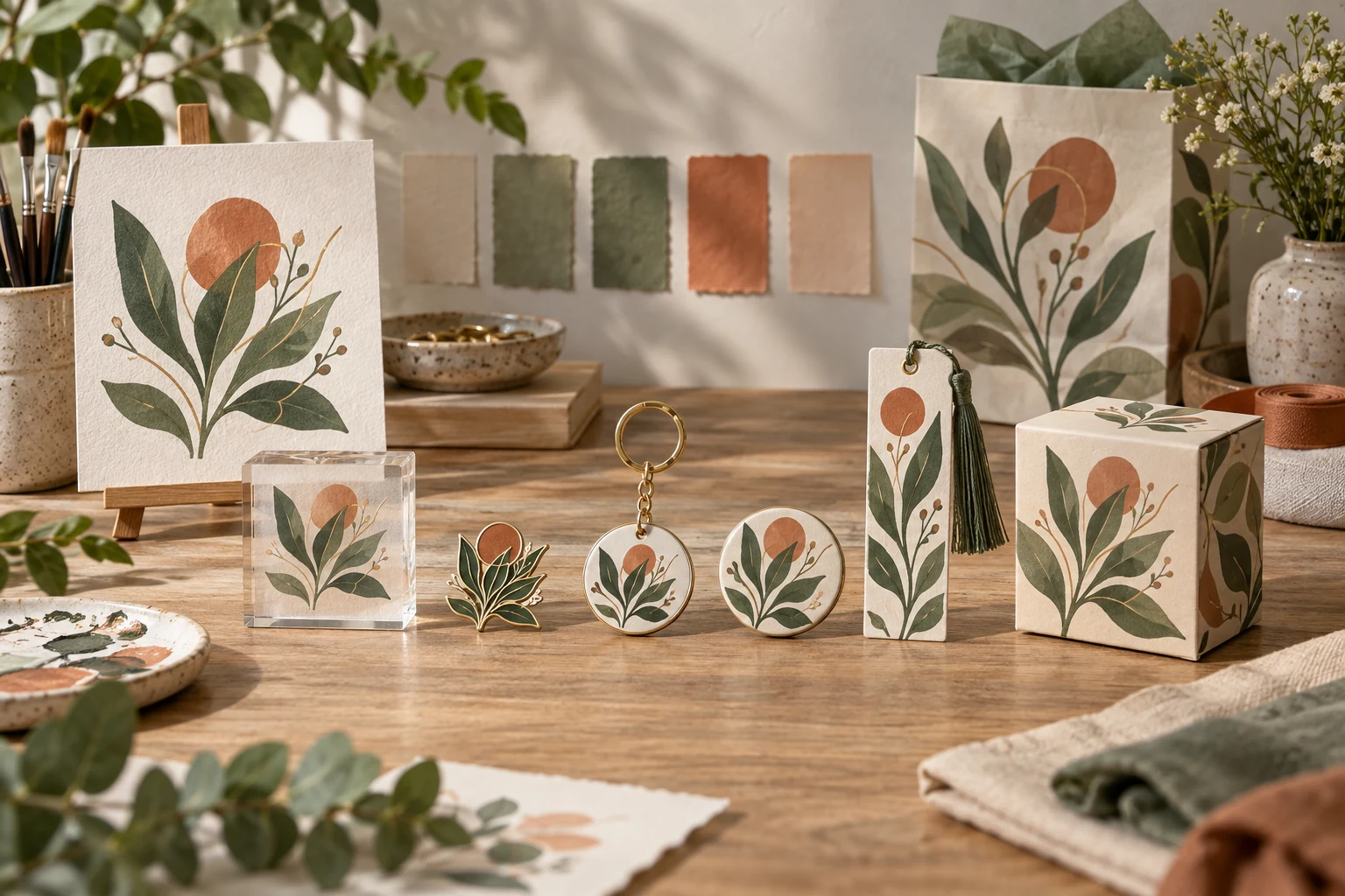 One botanical artwork reference carried across coordinated acrylic, pin, keychain, magnet and bookmark formats