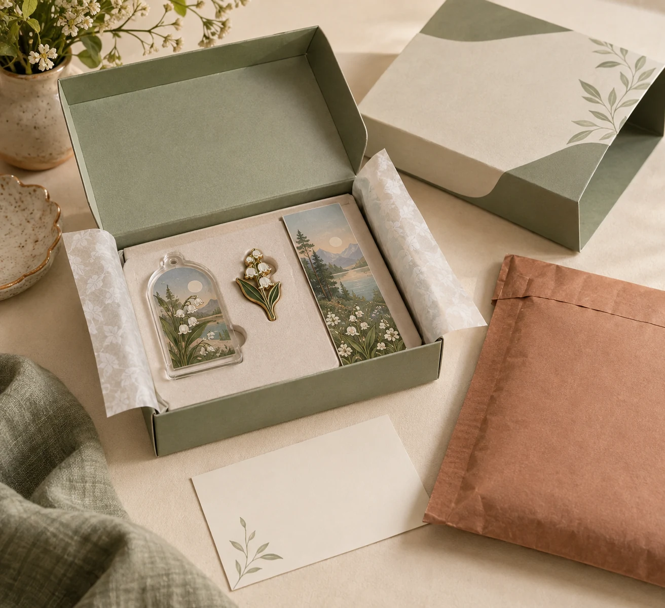 Online brand products in a fitted protective insert with paper sleeve and gift presentation, ready for fulfillment