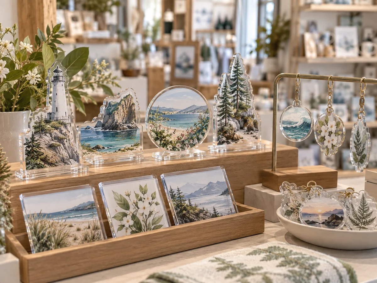 A small collection of printed acrylic keepsakes presented in a gift shop
