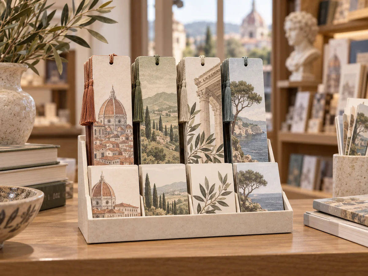 Printed destination bookmark assortment arranged in a retail display