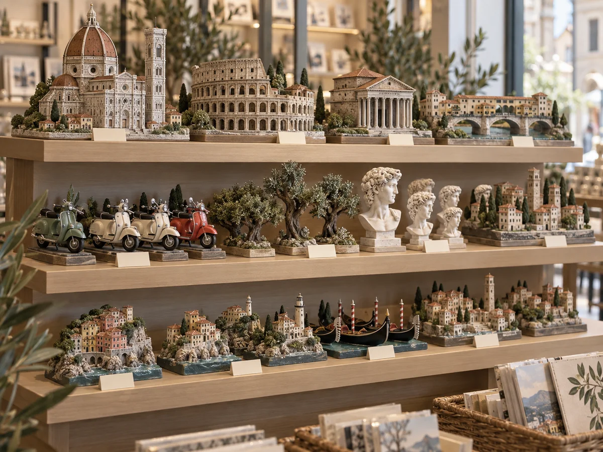 Architectural miniatures and collectible figures displayed on a retail shelf