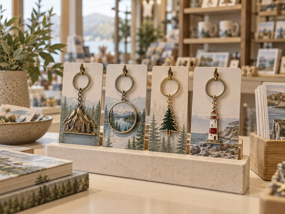 A small destination keychain assortment presented on retail backing cards