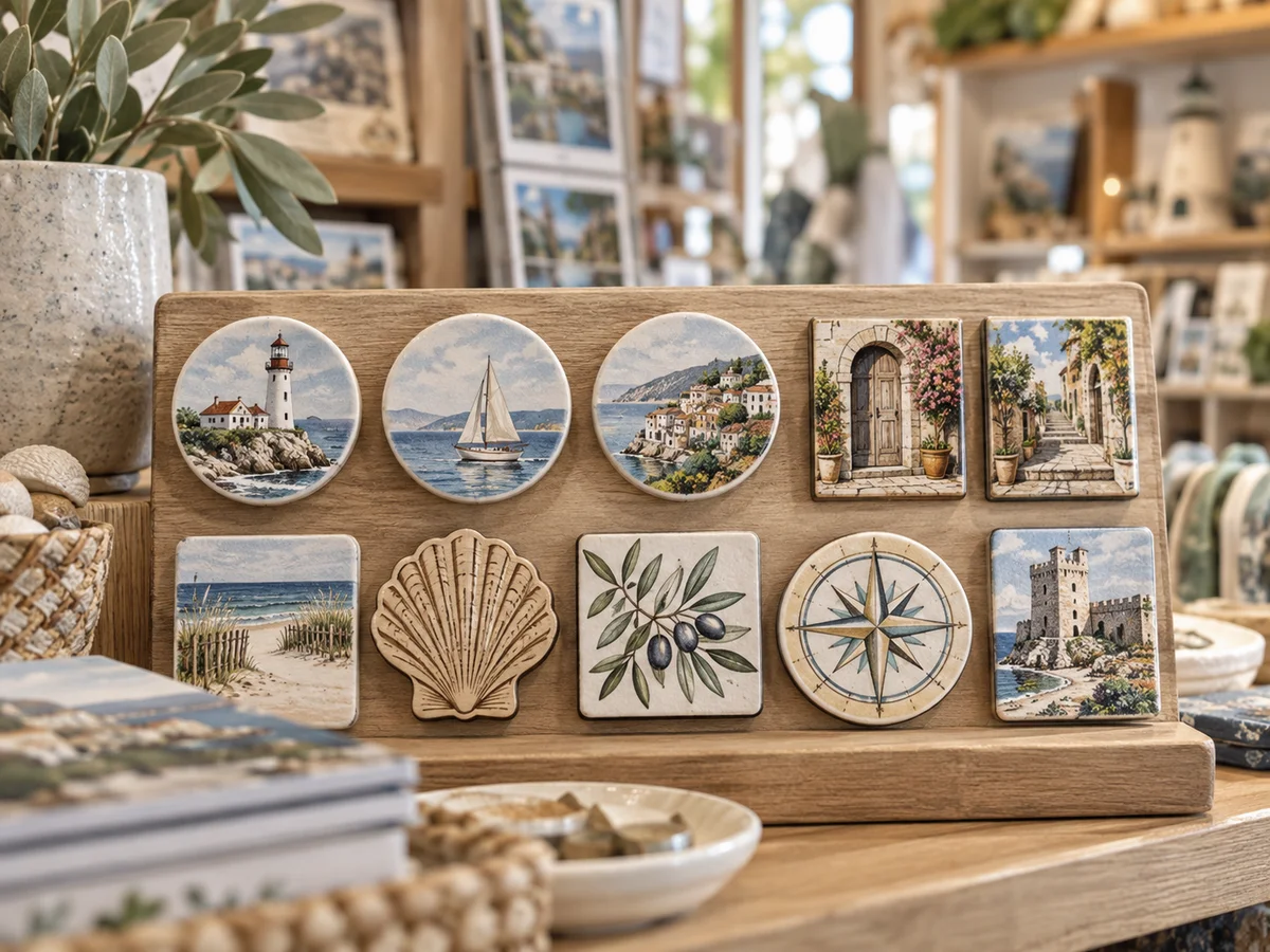 A coordinated destination magnet assortment displayed in a gift shop