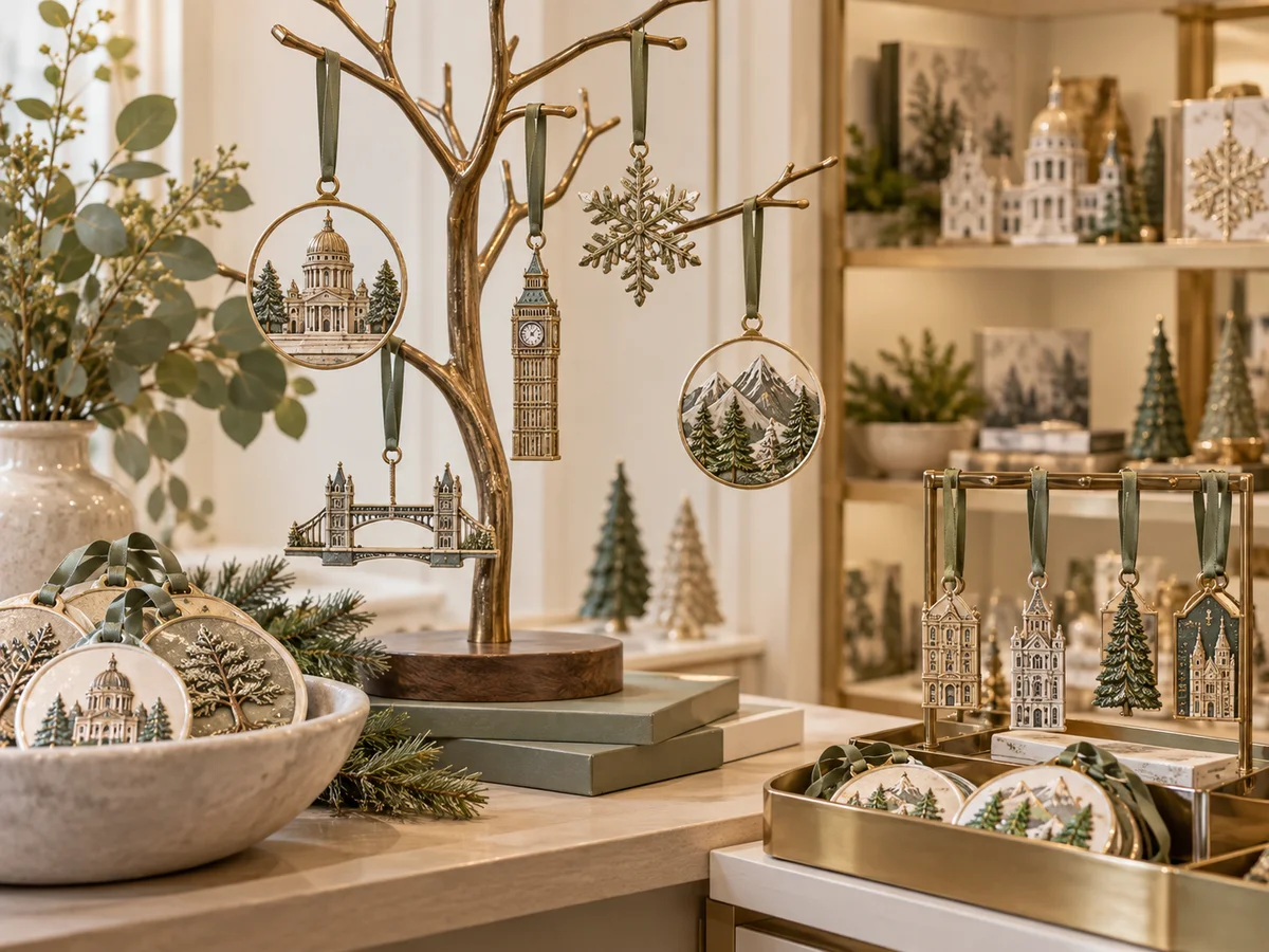 A coordinated display of destination and heritage gift shop ornaments