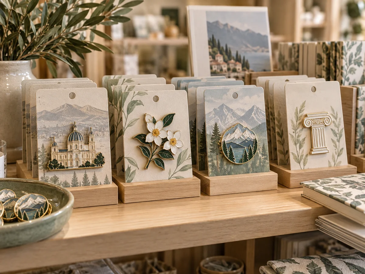Coordinated souvenir pins displayed on backing cards in a gift shop