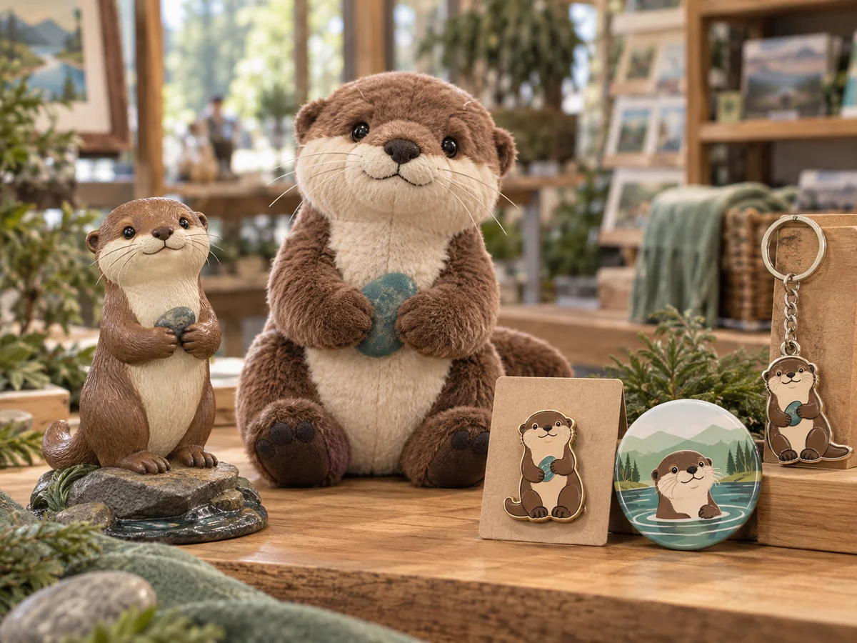 An original otter character interpreted across family-friendly gift shop products