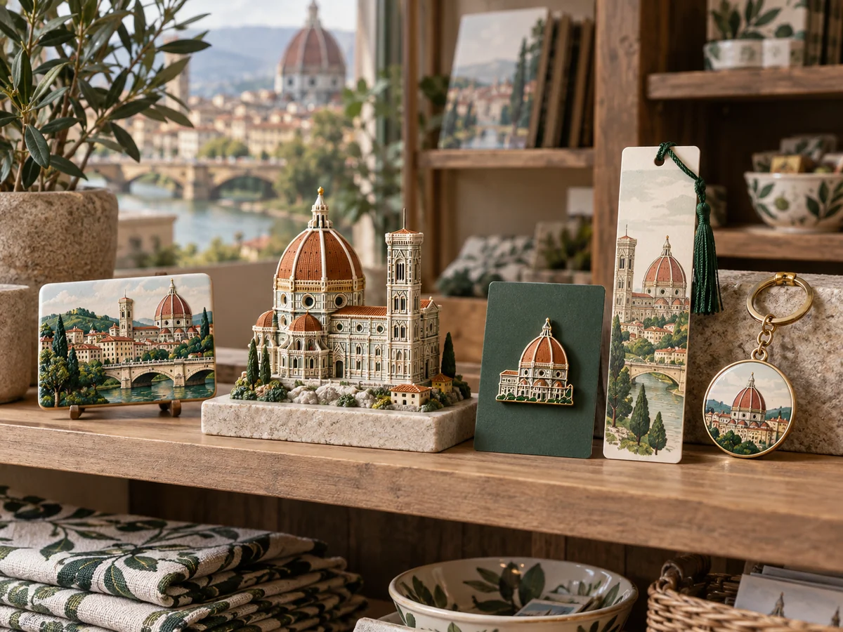 A coordinated Florence destination collection with architecture-inspired magnet, miniature, pin, bookmark and keychain