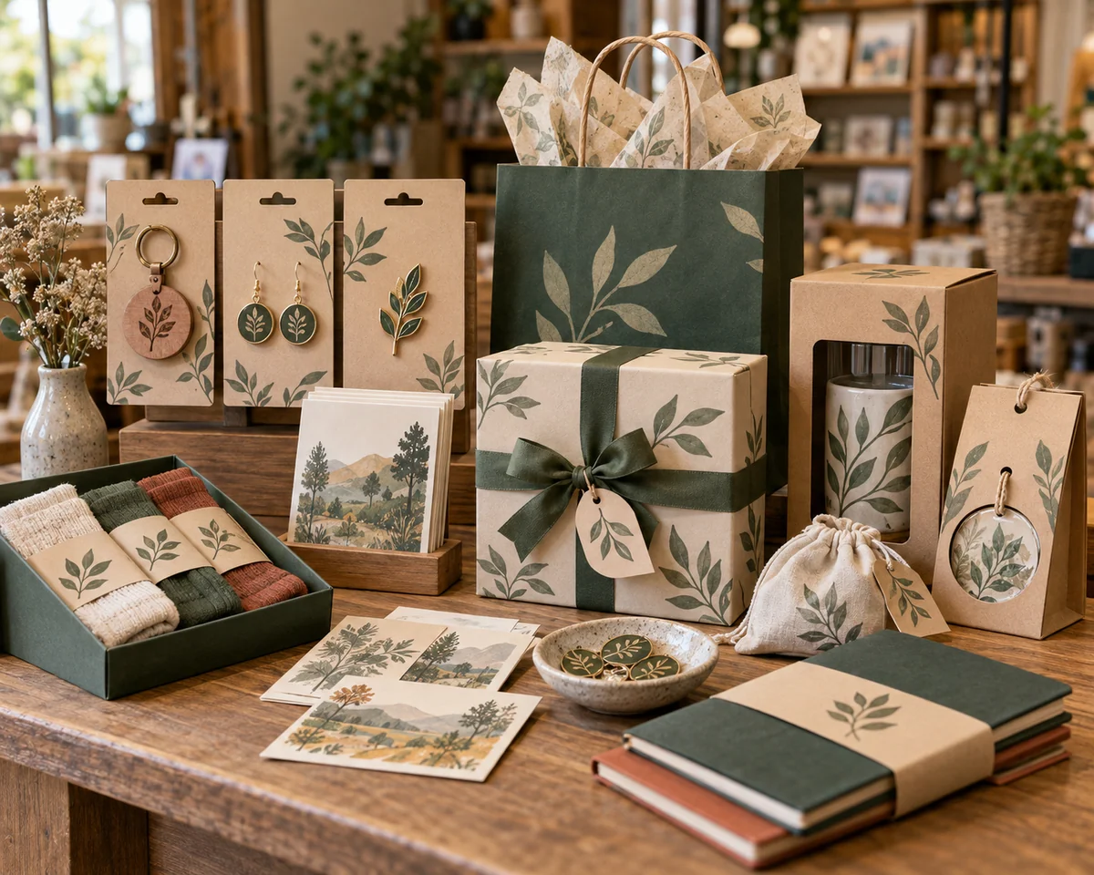 Gift shop packaging presentation with hang tags, backing cards, sleeves and coordinated gift boxes