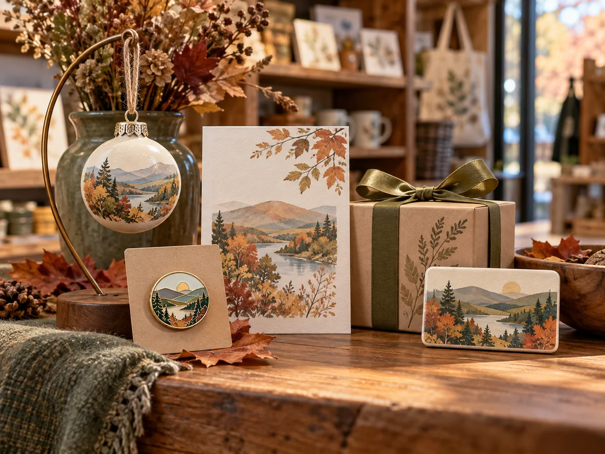 An autumn event collection of gift shop products, paper goods and presentation packaging