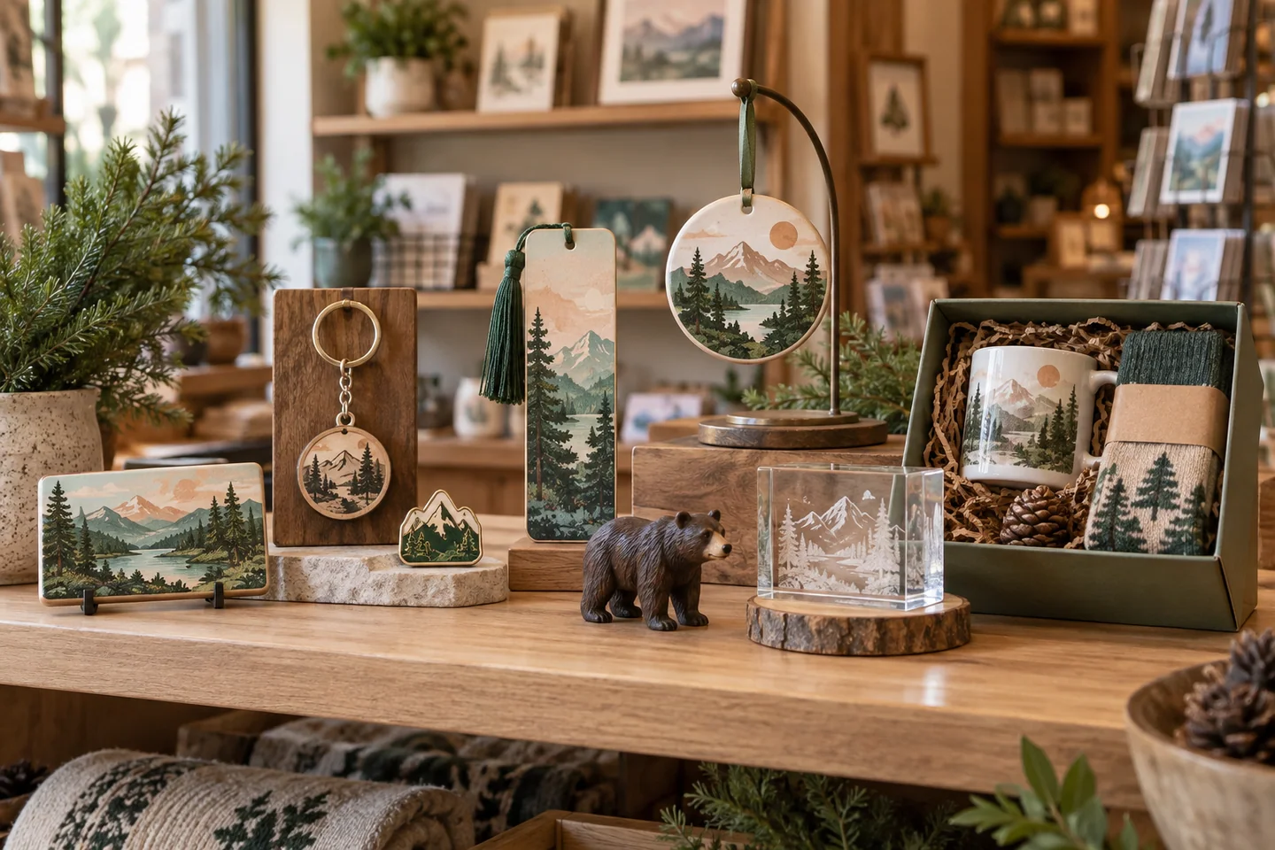 A coordinated gift shop display with destination keepsakes, a character figure and gift-ready collection