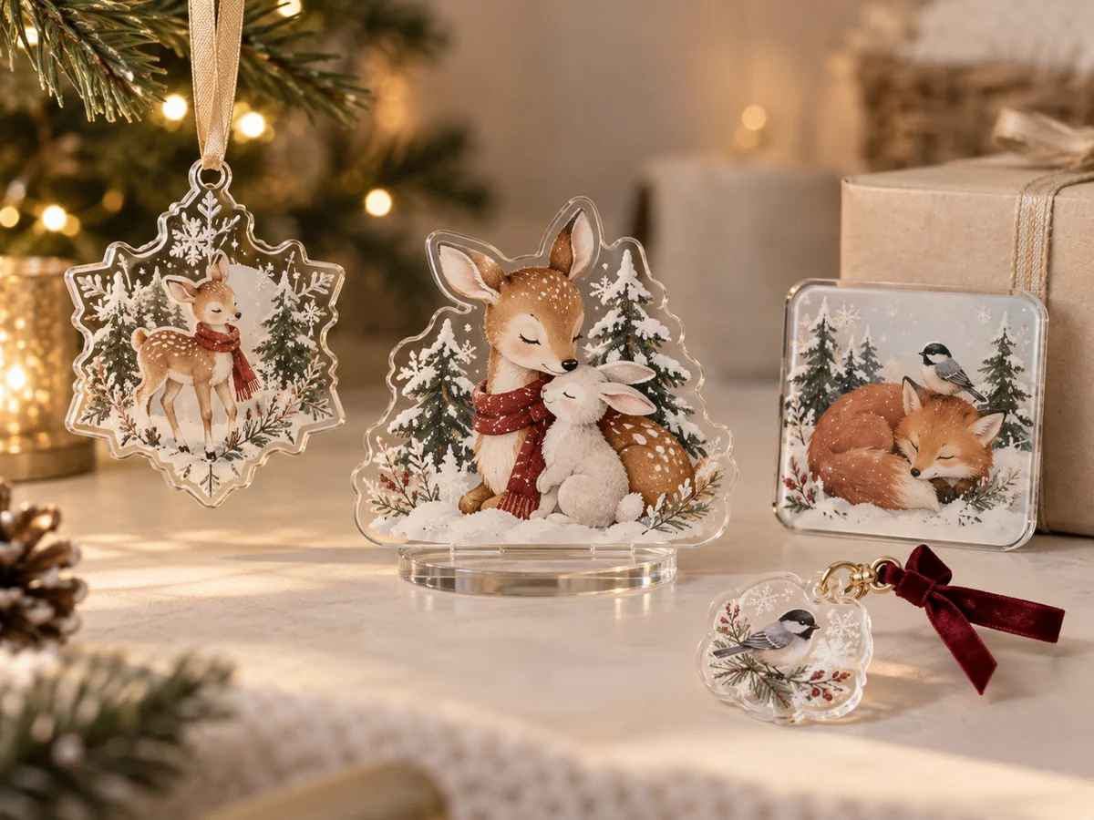 Festive acrylic ornament, standee and magnet formats