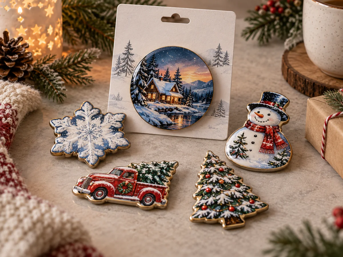 Seasonal souvenir magnet collection with winter artwork