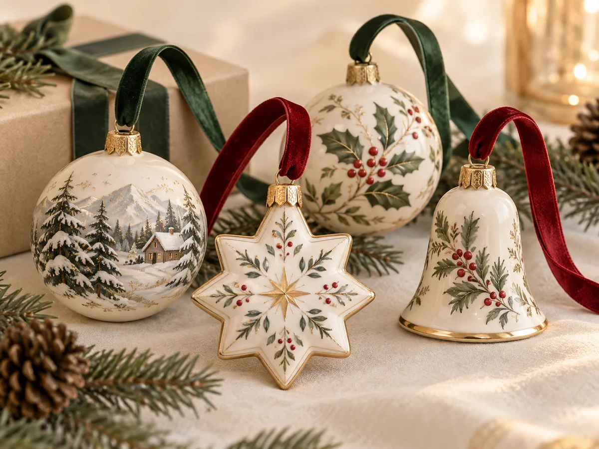 Custom seasonal ornaments with ribbons and winter artwork