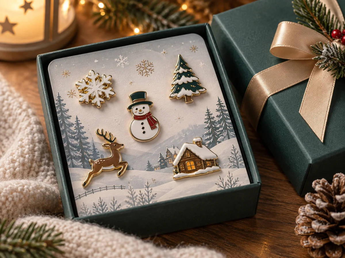 Seasonal enamel pins arranged on a coordinated backing card