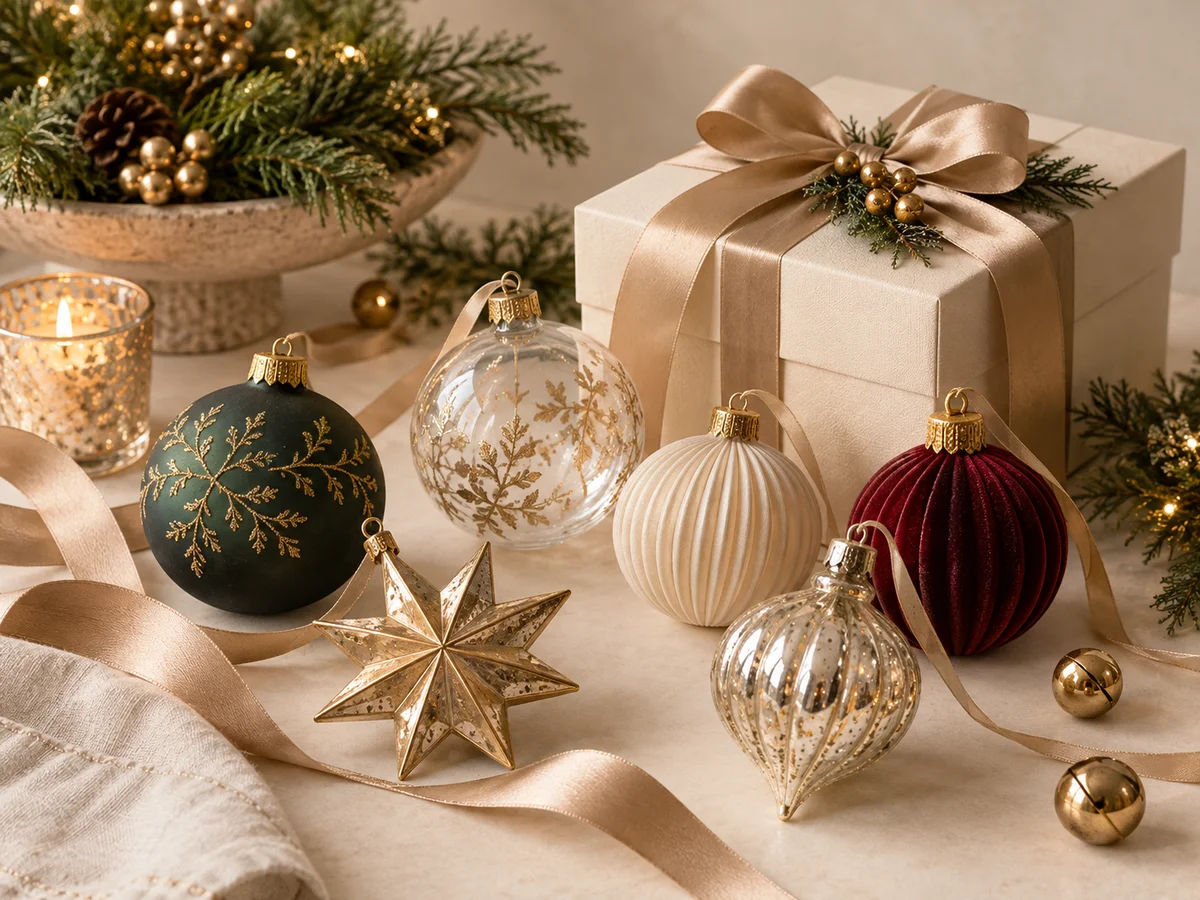 Premium seasonal ornament collection with ribbons and coordinated artwork