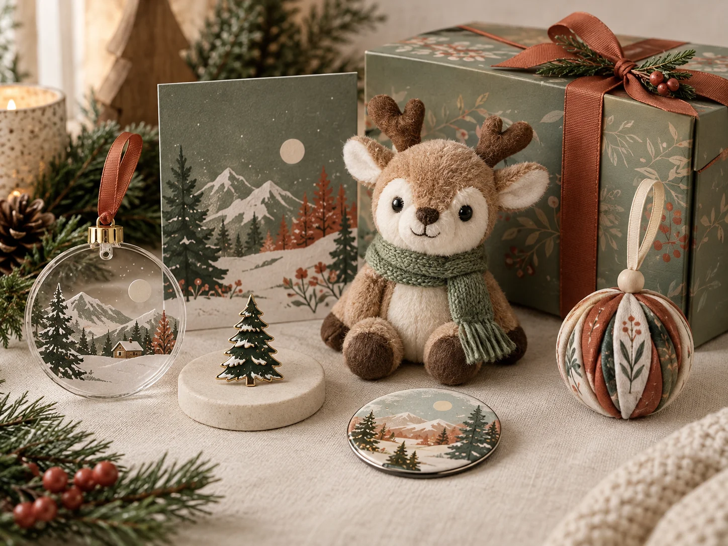 A coordinated winter holiday merchandise collection with ornaments, collectibles and premium gift packaging
