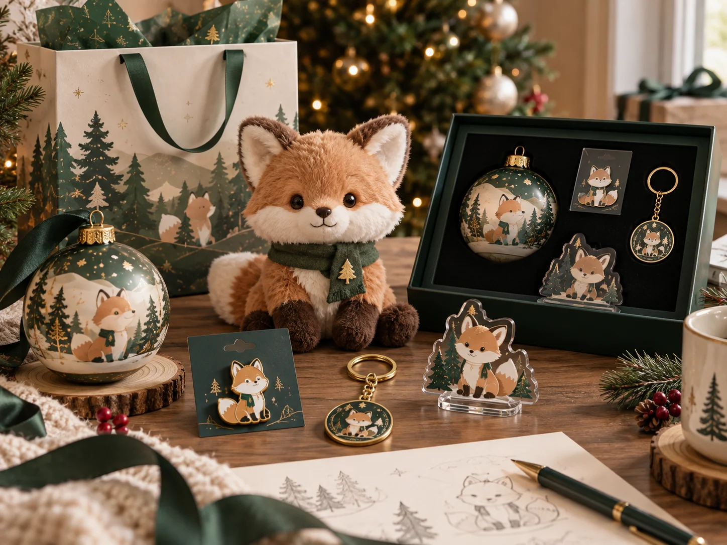 A cohesive seasonal visual system across ornament, pin, keychain, acrylic piece and gift set