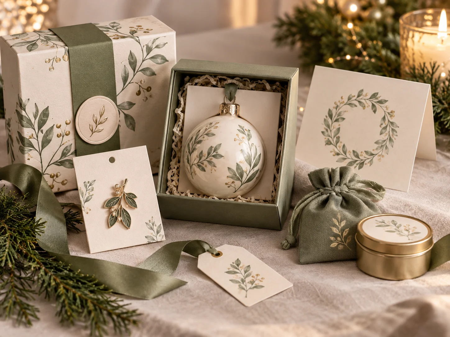Seasonal packaging with ornament box, pin backing card, sleeve, insert card and ribbon tag