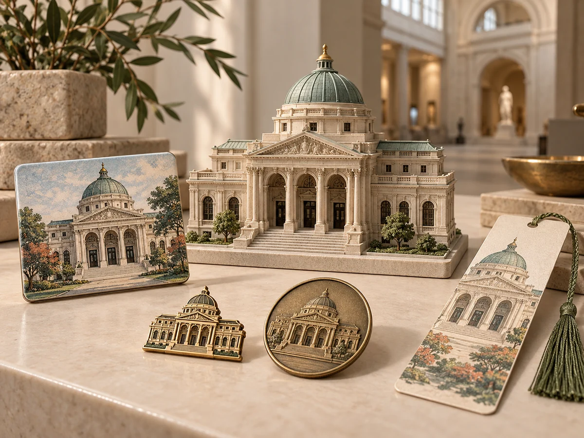 Museum dome and classical façade interpreted as a miniature, magnet, pin, coin and bookmark
