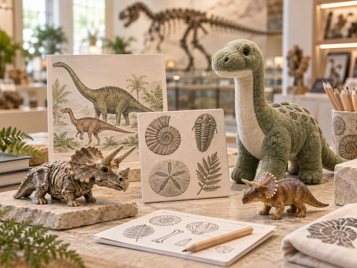Museum family-learning merchandise with fossil-inspired figures, educational cards and a small plush dinosaur