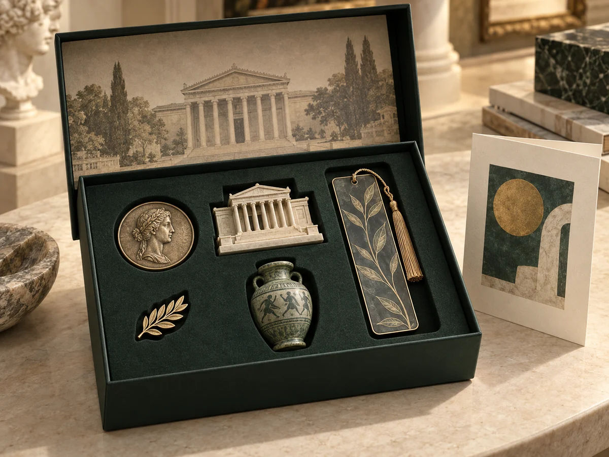 Institutional museum presentation box with a commemorative coin, miniature, bookmark and metal pin