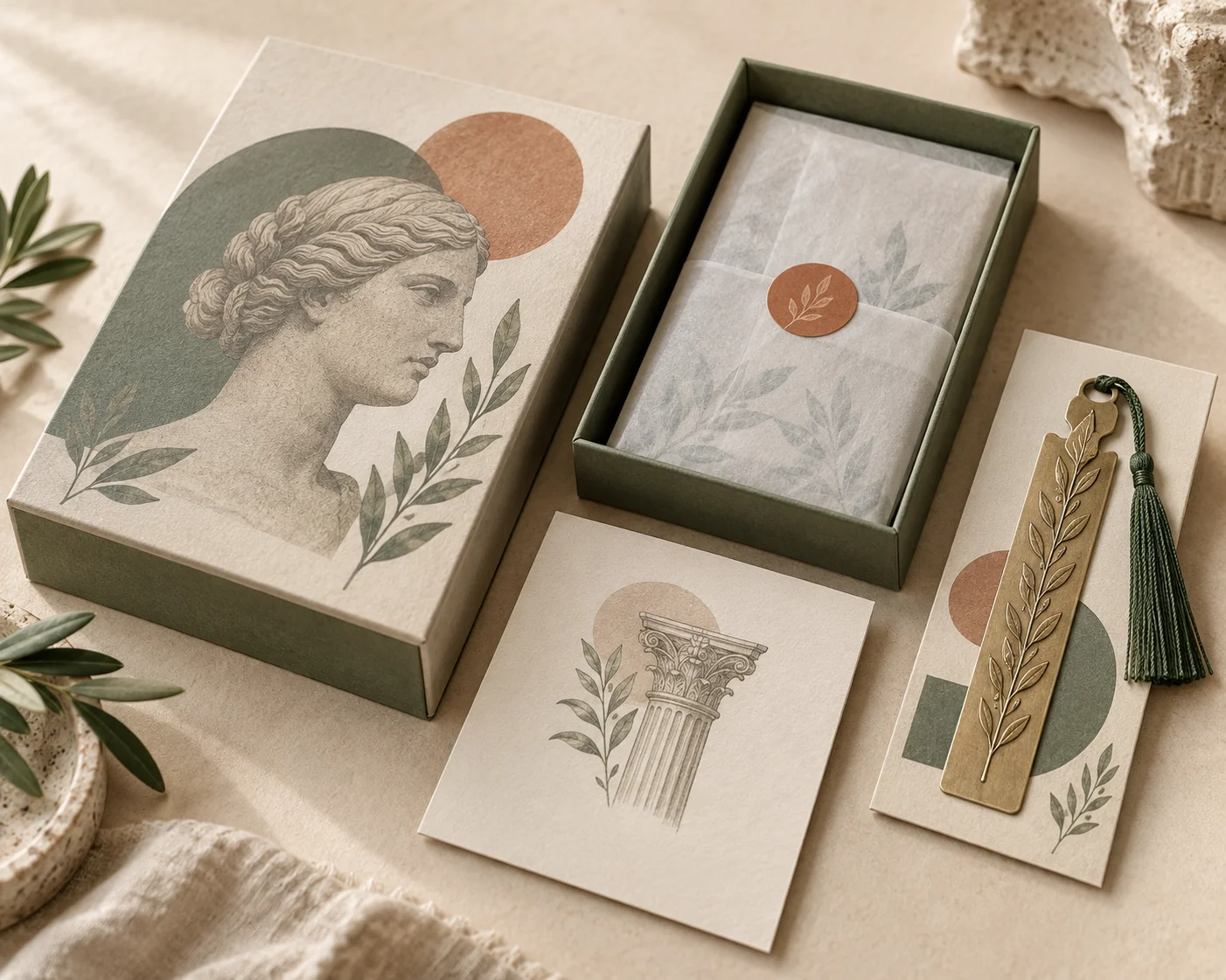 Museum merchandise packaging presentation with gift box, inserts and story cards