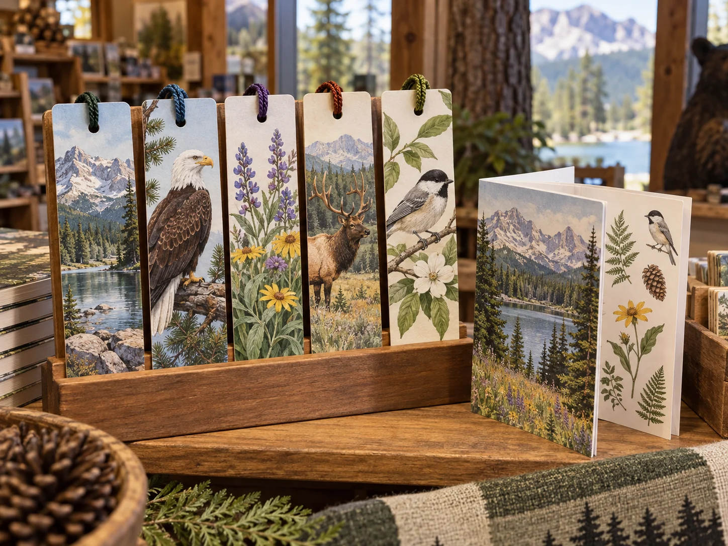 Printed nature and wildlife bookmark assortment in a visitor-center bookshop context