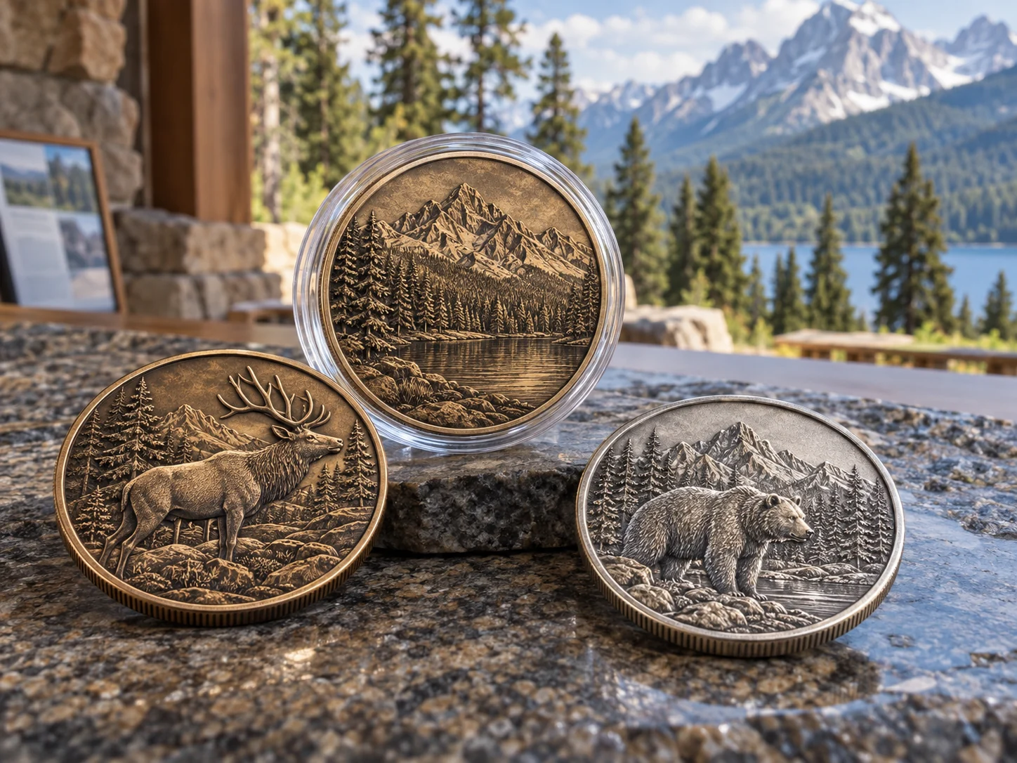 Detailed fictional mountain, forest and wildlife commemorative coins in a visitor-center setting