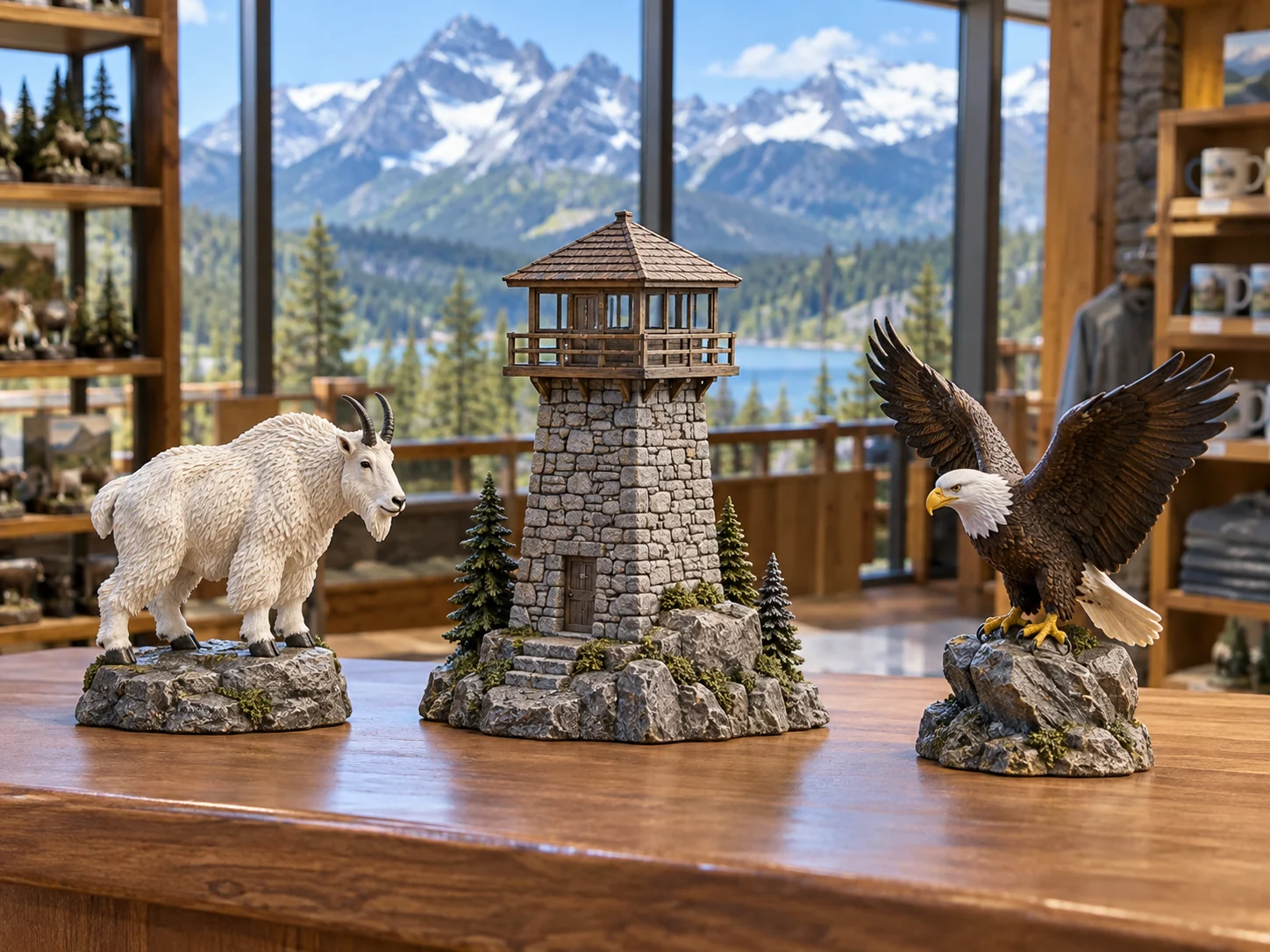 A park lookout miniature and wildlife collectible figures with a mountain visitor-center backdrop