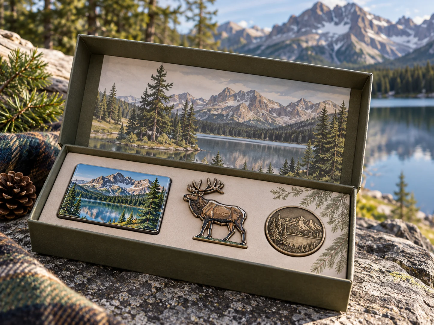 Coordinated fictional park souvenir gift set with scenic magnet, coin, pin and printed insert