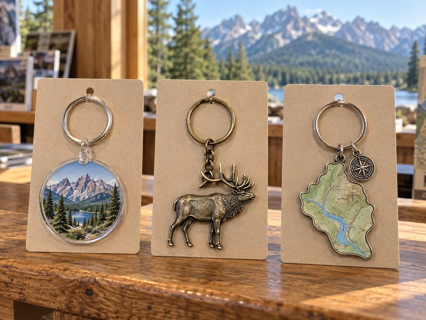 Three distinct fictional mountain, wildlife and trail keychains on a park visitor-center counter
