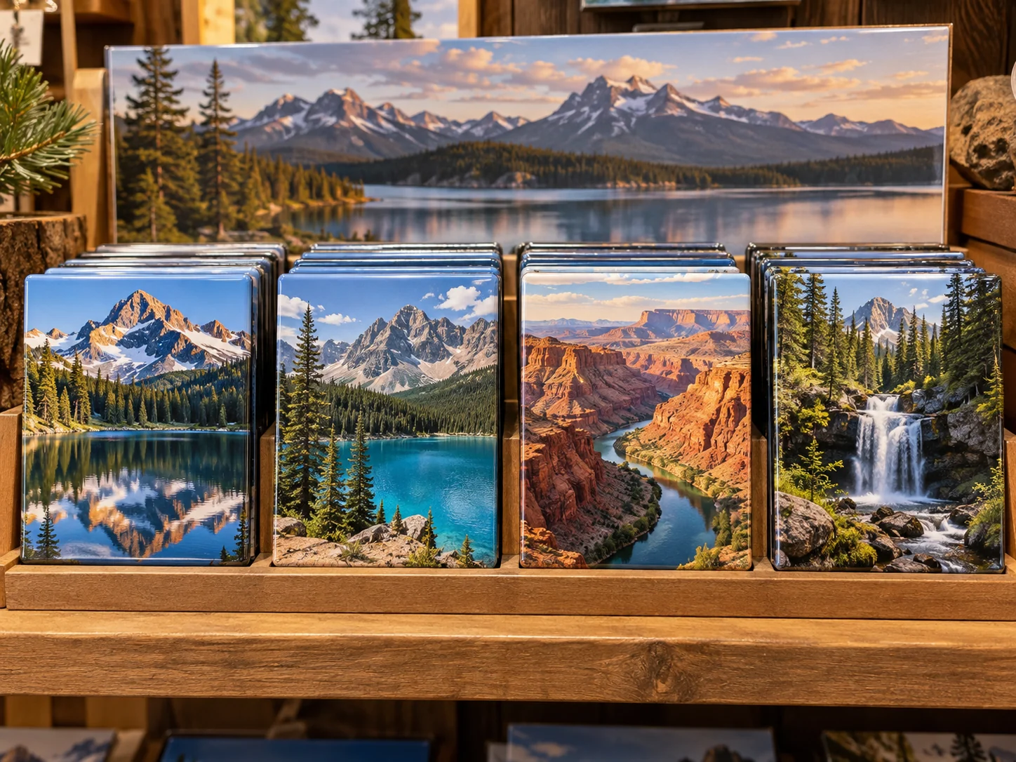 A coordinated assortment of fictional national park scenic magnets on a visitor-center shop shelf