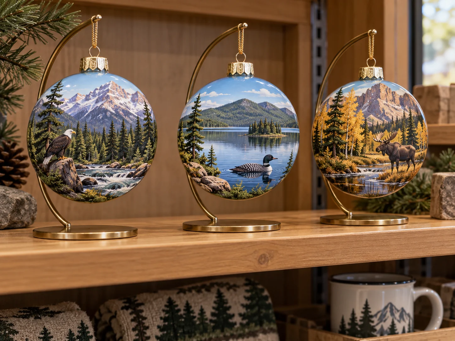 Fictional national park landscape and wildlife ornaments arranged in a visitor gift shop