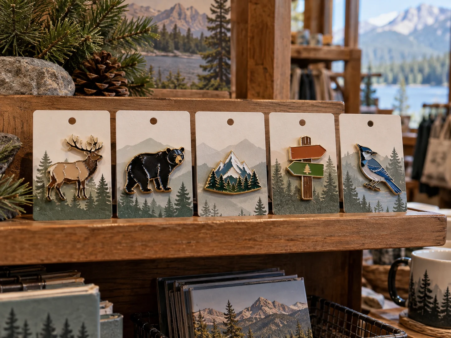 Distinct fictional wildlife, trail and mountain enamel pins displayed on separate visitor-retail backing cards
