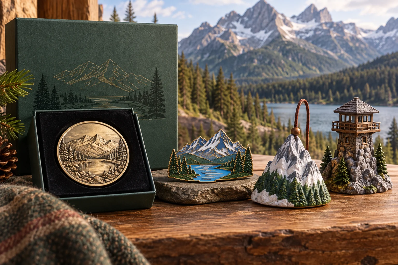 Fictional park commemorative coin, pin, ornament and miniature in a collectible visitor retail setting