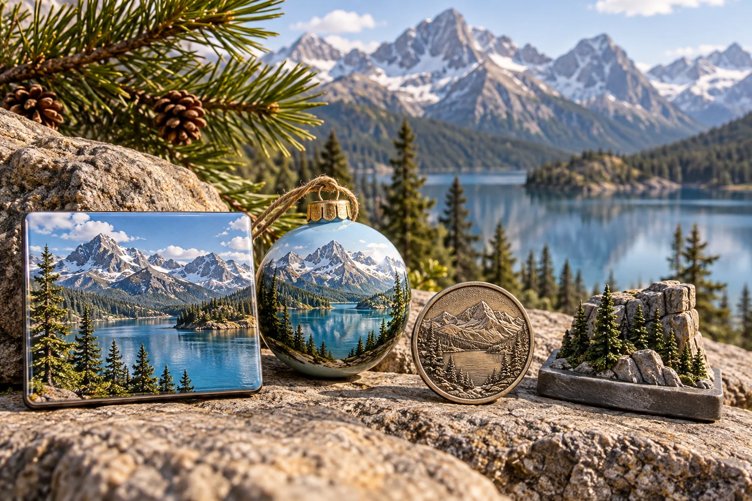 Fictional alpine park landscape translated into scenic magnet, ornament, coin and miniature formats