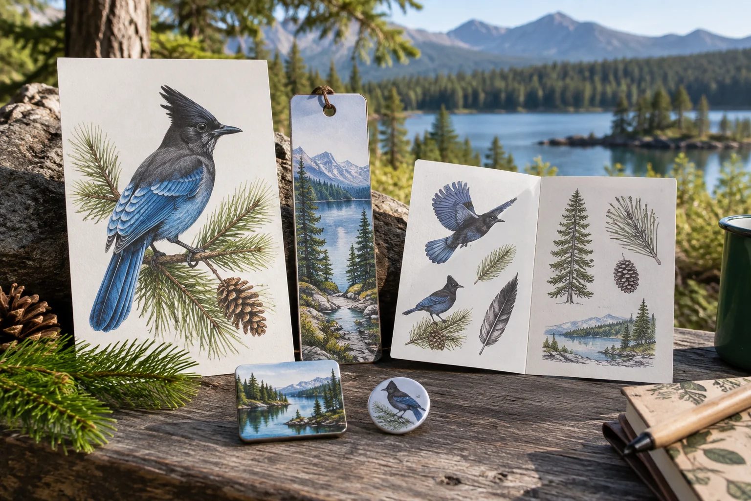 Nature learning cards and illustrated wildlife souvenirs in a park visitor-center context