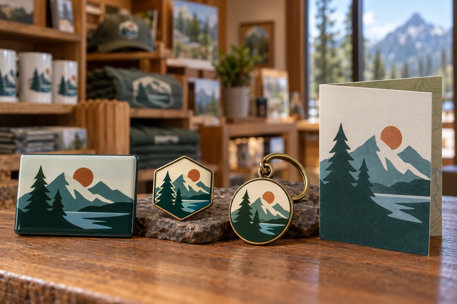 A fictional mountain and pine park identity used across visitor-retail souvenir formats