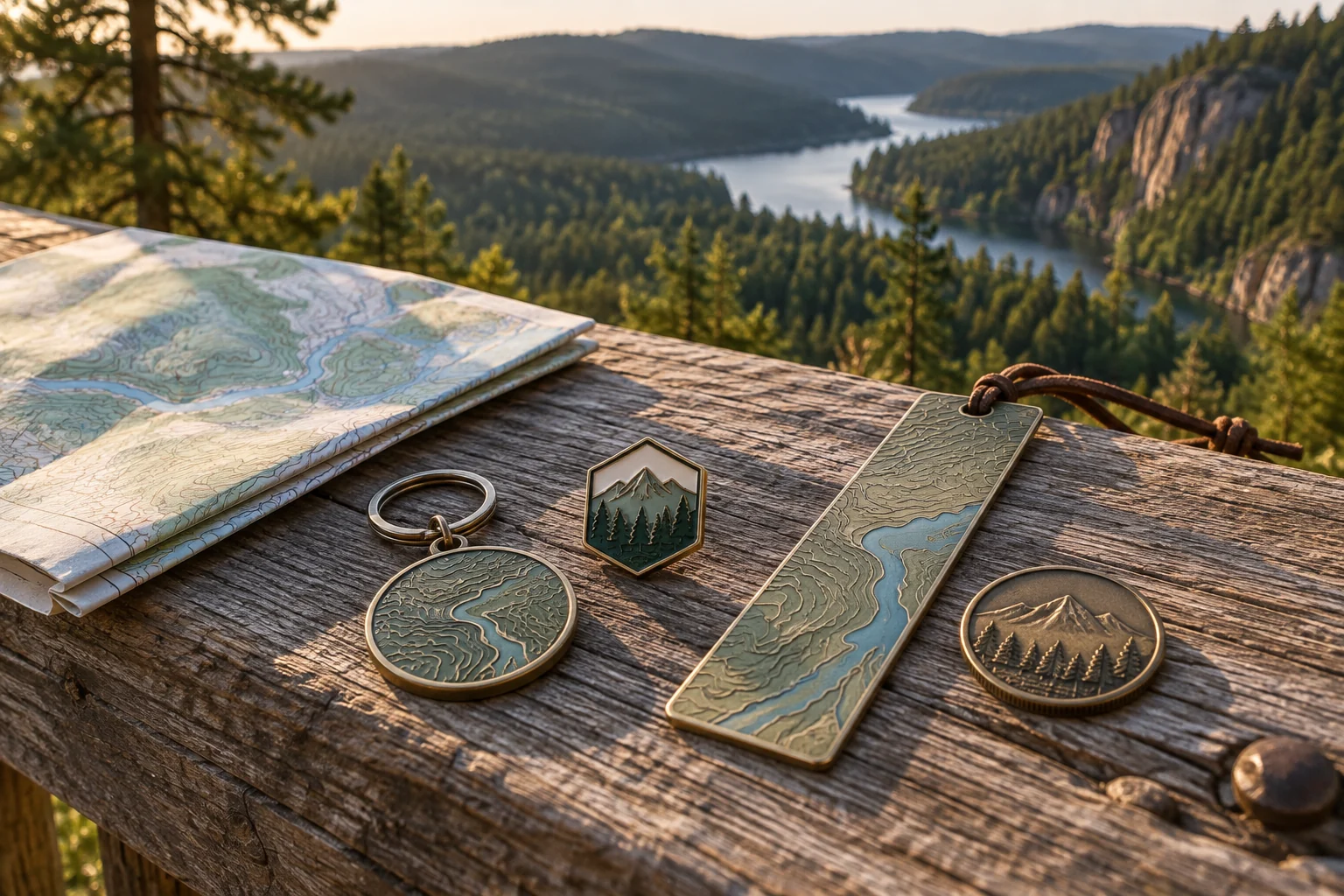 Trail-marker pin, route keychain, map bookmark and visitor coin beside a forest overlook