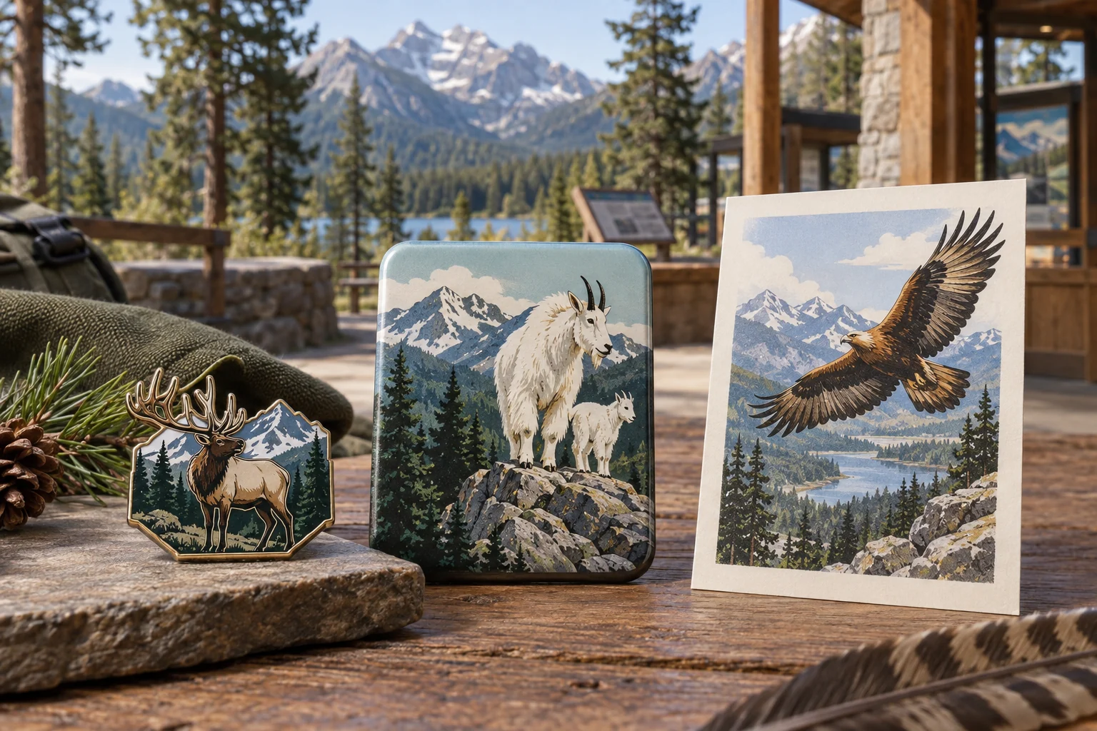 Original wilderness wildlife artwork applied to a coordinated park pin, magnet and story-card collection