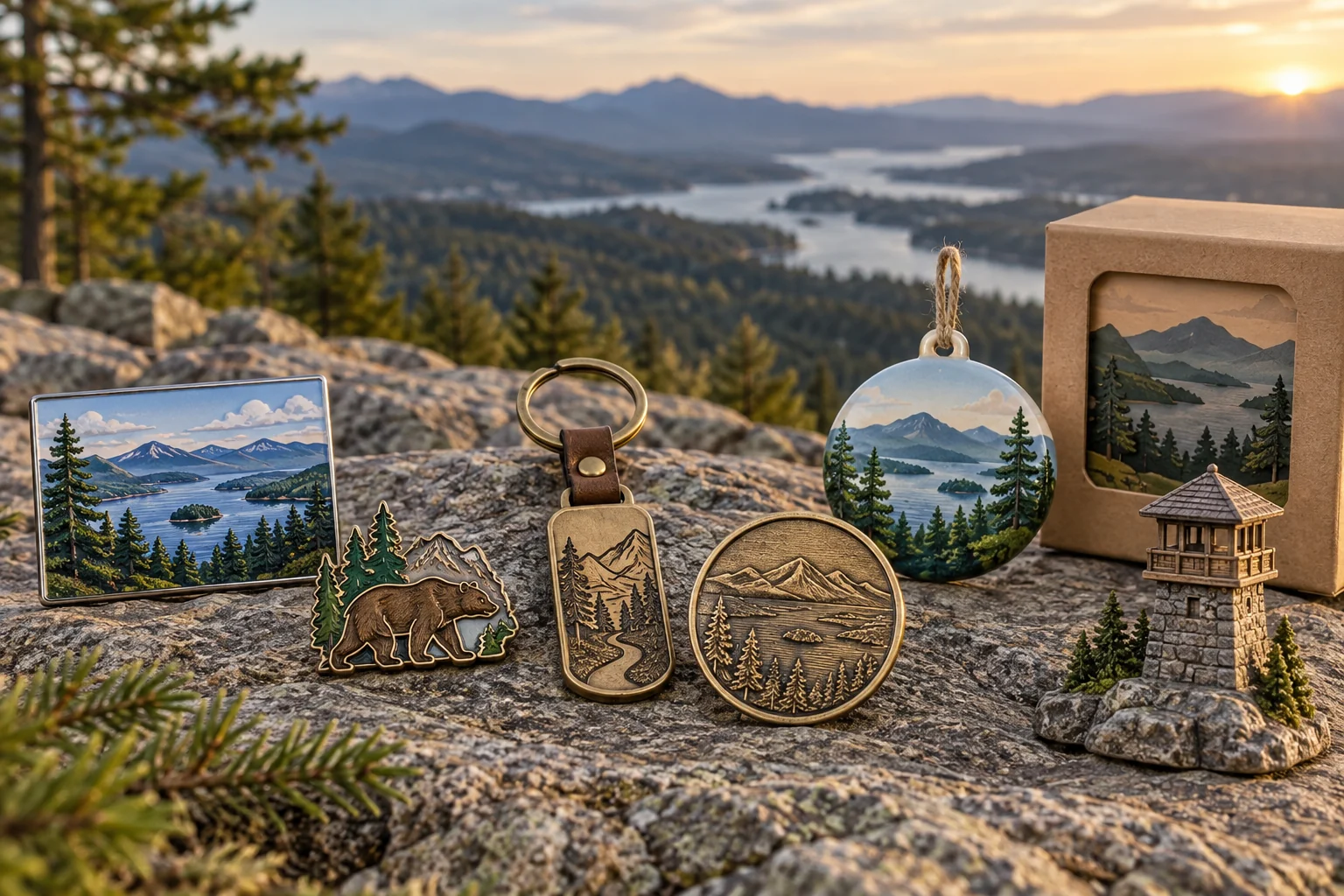 One fictional national park merchandise family across scenic magnet, wildlife pin, trail keychain, coin, ornament, miniature and visitor-center packaging